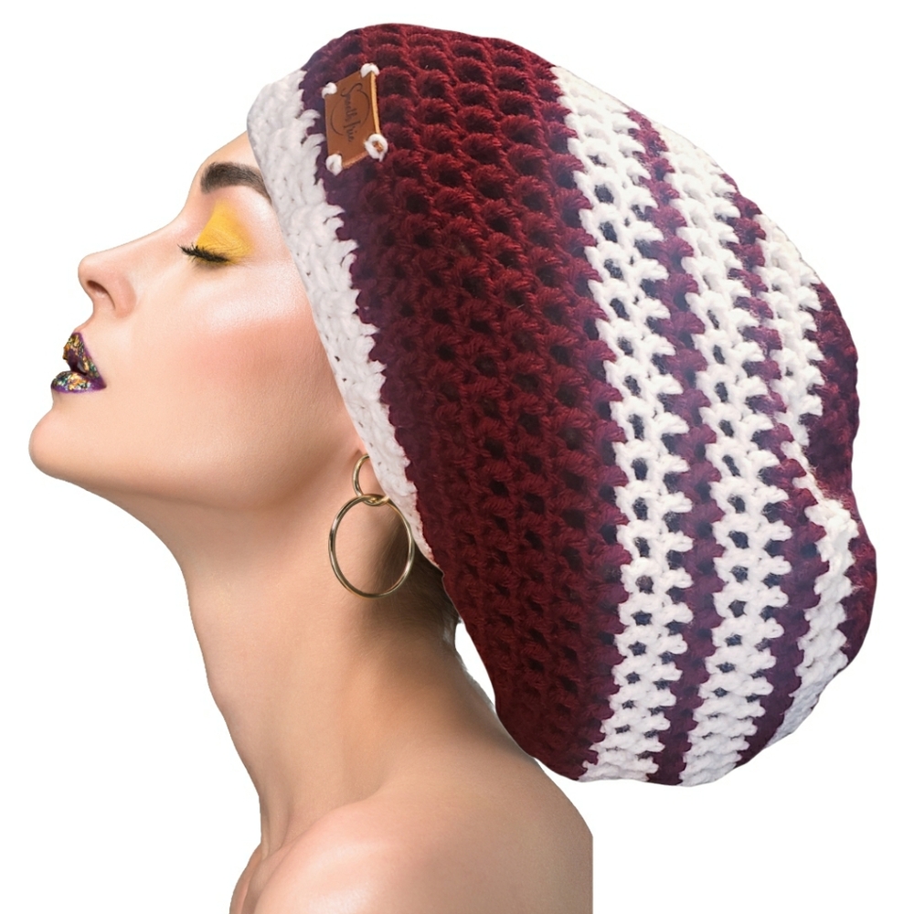 Smooth Irie Mesh Crochet Tam White Stripe Midnight Wine One Size Slouchy Hat NWT
